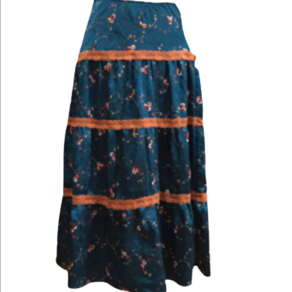 BOHO teal blue maxi skirt with lace and floral design embroidery Size XS